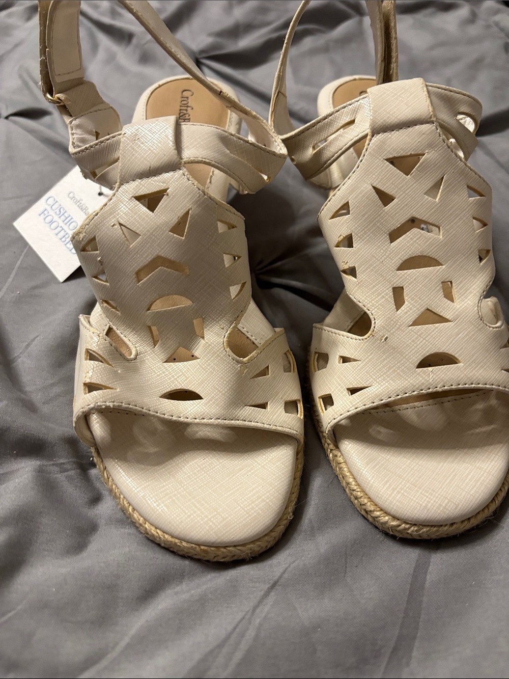 Comfortiva Cream Laser-Cut Espadrille Wedge Sandals